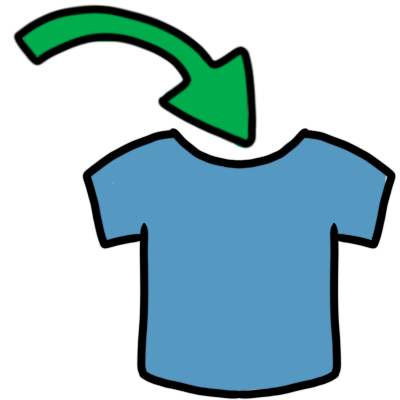 a green curved arrow pointing to a blue tshirt